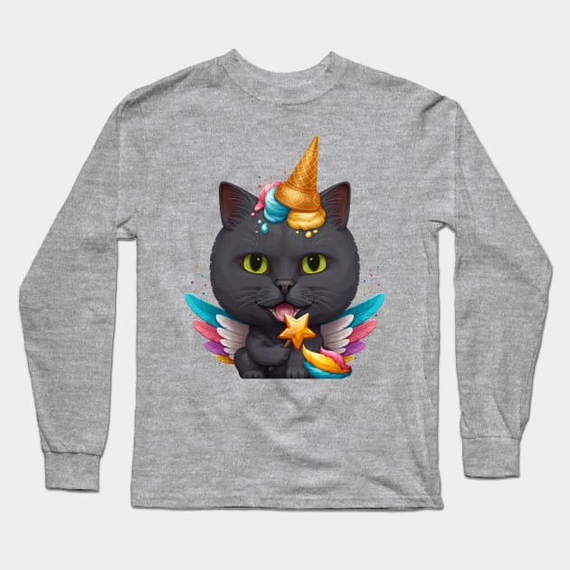 Black Cat Ice Cream Unicorn Long Sleeve T-Shirt by stonemask
